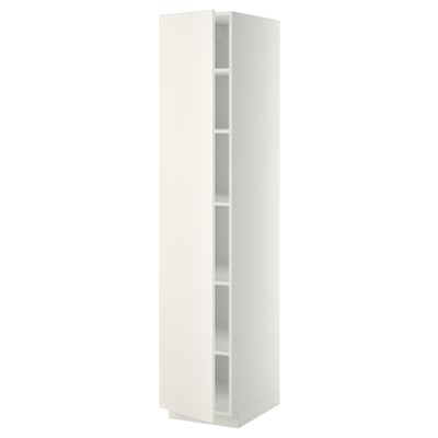 A white METOD tall kitchen cabinet with a sleek design, featuring multiple adjustable shelves inside.
