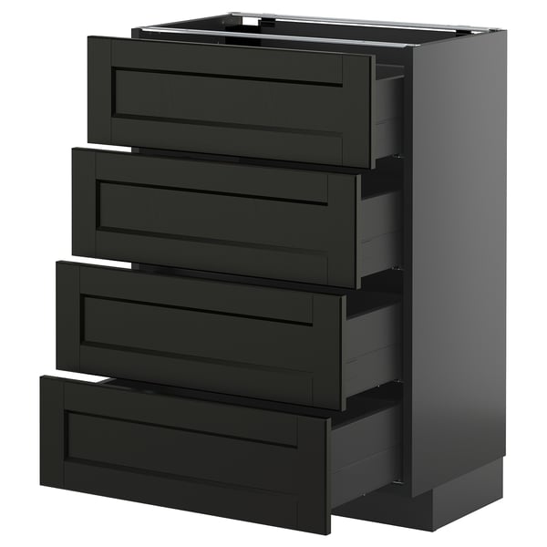 Modern black kitchen cabinet with four drawn-out drawers, sleek design, traditionally styled.