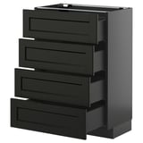Modern black kitchen cabinet with four drawn-out drawers, sleek design, traditionally styled.