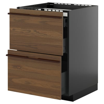 Dark brown wooden drawer fronts on gray kitchen cabinet unit.