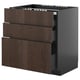 Modern dark brown wood cabinet with three open drawers and sleek black sides.