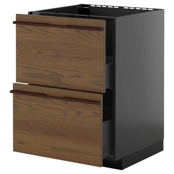 Modern kitchen unit, dark wooden fronts, black frame, two drawers, sleek design.