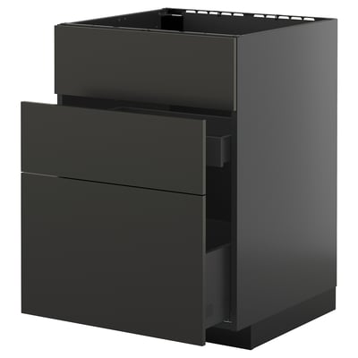 A modern black kitchen cabinet with three drawers and one open compartment.