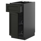 Dark gray modern kitchen cabinet with drawer and open shelves. METOD brand, wood and steel.