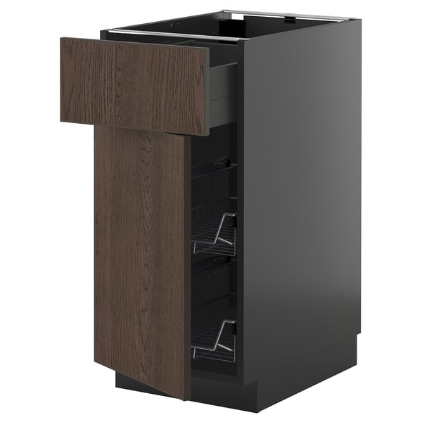 Modern kitchen cabinet, dark brown with wood grain, sleek design, flat panel, includes wire racks.
