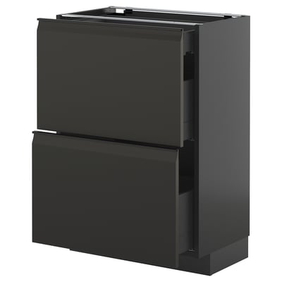 Black modern kitchen unit, two large drawers, sleek handle-less design, glossy finish.