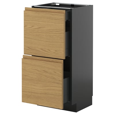 Modern kitchen cabinet, dark gray and oak-wood, two drawer unit.