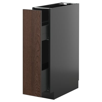 METOD kitchen unit: dark gray & brown; wood edging; tall, rectangular, 2 shelves.