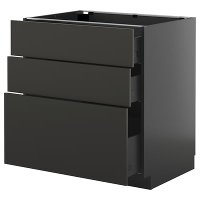 METOD kitchen cabinet, black, glossy, rectangular, three drawers, modern design.