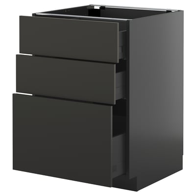 Modern black kitchen cabinet with three smooth drawers.