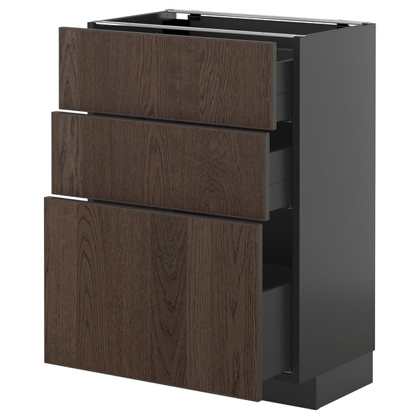 Modern METOD kitchen unit with dark brown oak veneer drawers and gray base, featuring three pull-out drawers and sleek design.