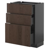 Modern METOD kitchen unit with dark brown oak veneer drawers and gray base, featuring three pull-out drawers and sleek design.