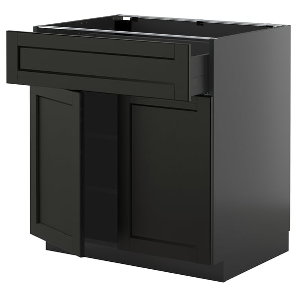Black stained kitchen cabinet with open drawer, traditional design.