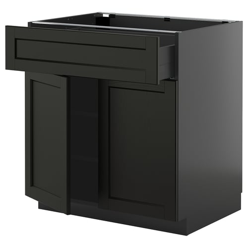 Black stained kitchen cabinet with open drawer, traditional design.