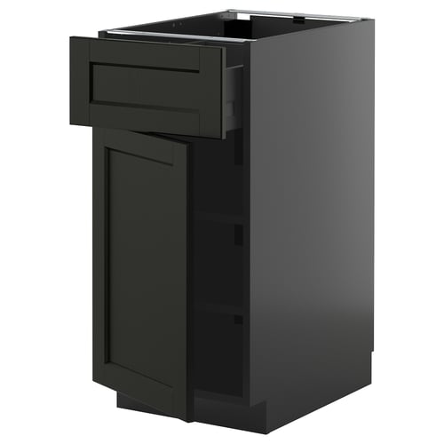 Black kitchen cabinet with drawer, wooden, rectangular, modern design.