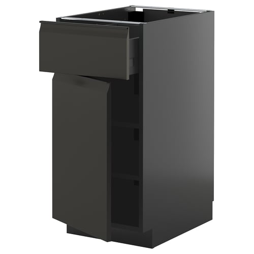Modern black kitchen cabinet with drawers, sleek design, matte finish, medium size.