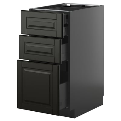 A black METOD kitchen cabinet with three drawers and one door, featuring sleek, modern design.