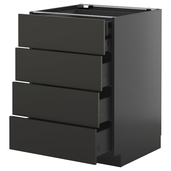 A black METOD kitchen cabinet with four fully extendable drawers in matt black.