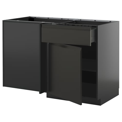 Modern grey kitchen unit, sleek black finish, two sections, one with drawer.