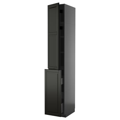 Modern black METOD cabinet with beveled edges, tall, rectangular, and sleek design, featuring various shelves and drawers for storage.