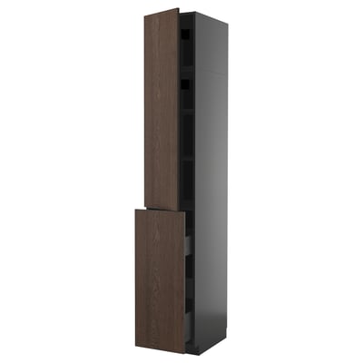 A vertical kitchen cabinet with a dark brown oak veneer door and a grey frame. It has adjustable shelves and a pull-out drawer.