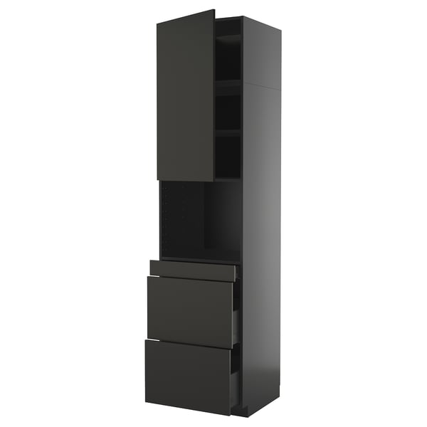 Modern black kitchen cabinet with sleek matt finishes, drawers, and shelves.