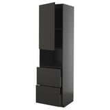 Modern black kitchen cabinet with sleek design, including doors and drawers.