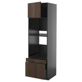 Modern dark brown wooden cabinet with two shelves, one drawer, and sleek design.