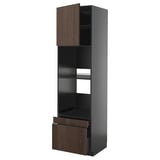 Modern kitchen cabinet with dark wood finish, tall and sleek design, featuring open shelving and a pull-out drawer.
