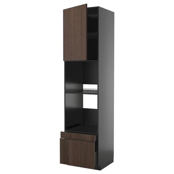 METOD kitchen cabinet, dark brown & gray, wooden top, open compartment, pull-out drawer, two shelves.