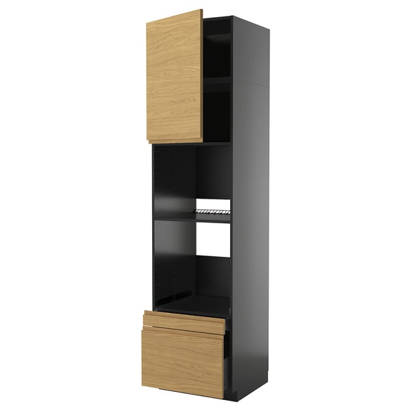 Modern black kitchen unit with oak drawer and door, sleek design with open shelf.