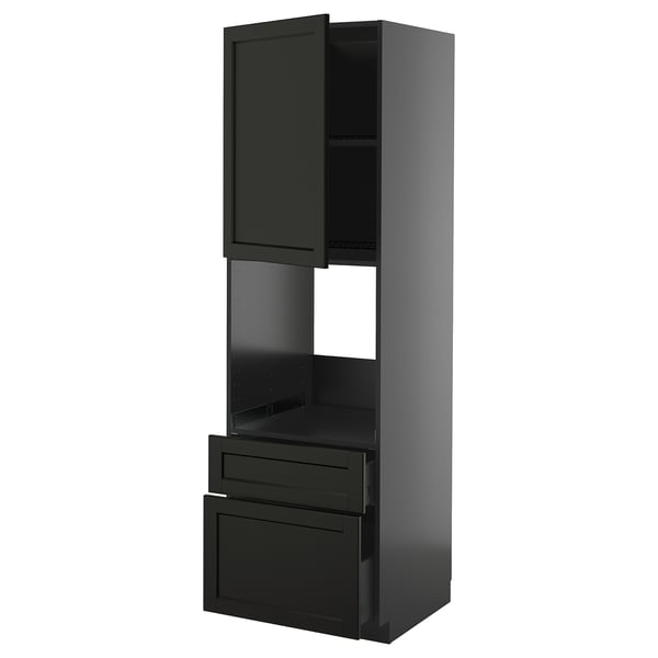 Black METOD kitchen unit with shelves and drawers. Modern, dark stained wood finish.