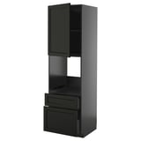 Black METOD kitchen unit with shelves and drawers. Modern, dark stained wood finish.