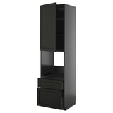 Black kitchen cabinet with shelves and drawers, sleek modern design.