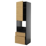 METOD kitchen unit: tall black and oak cabinet with drawers.