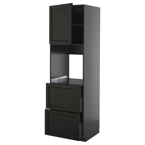 Black kitchen unit with drawers, cabinet, and adjustable shelf.