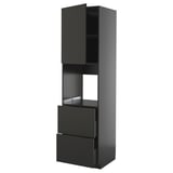 Black METOD kitchen unit: tall, modern, glossy finish, with drawers and shelves.