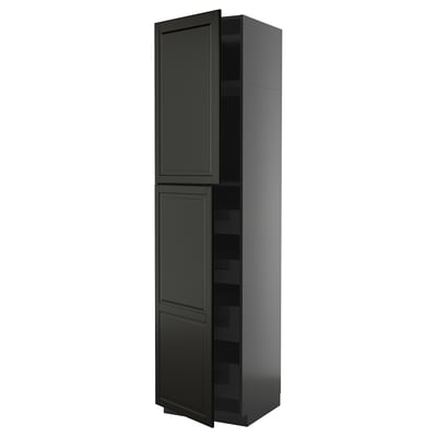 A tall, dark grey METOD kitchen cabinet with two doors and shelves inside.