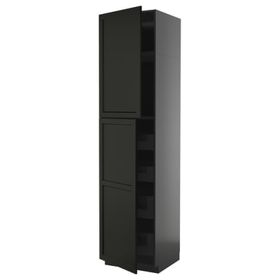 Black kitchen cabinet with beveled edges, tall, rectangular, and sleek design.