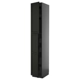 A black METOD kitchen cabinet with lerhyttan fronts and beveled edges. It has a tall, rectangular shape with multiple shelves inside.