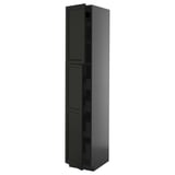 A tall black cabinet with shaker-style doors and beveled edges, part of the ikea METOD kitchen system.