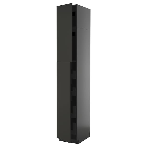Black modern tall kitchen cabinet with minimalist design and sleek handles.