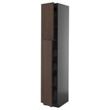 A tall, gray METOD kitchen cabinet with dark brown wooden doors featuring solid wood edging.