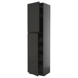 Displays a black METOD kitchen cabinet with a modern design, featuring integrated handles and a sleek, high-gloss finish.