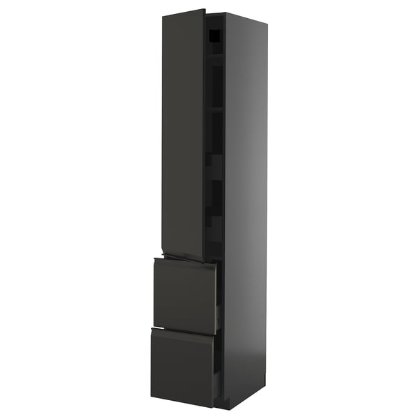 Modern black kitchen unit, tall and sleek, with integrated handles and two drawers.