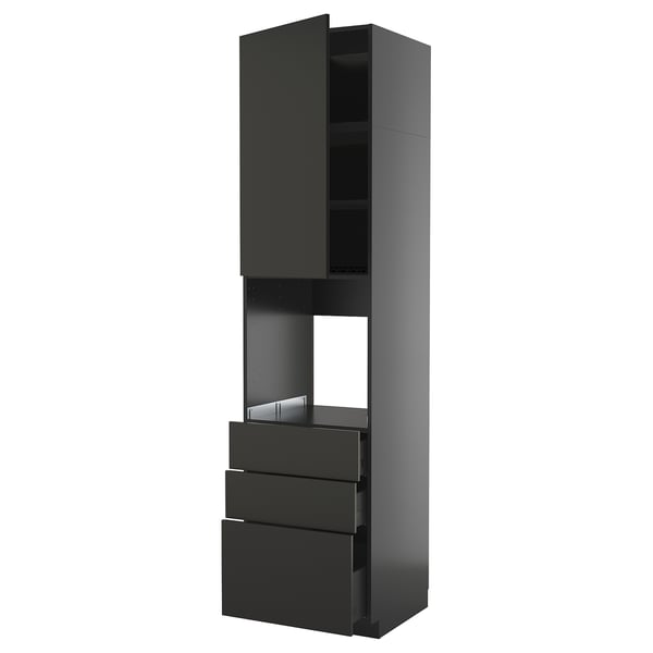 A dark grey METOD kitchen cabinet with shelves and drawers.