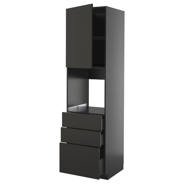 Black kitchen cabinet with three drawers and an open shelf, featuring modern design and metallic handles.