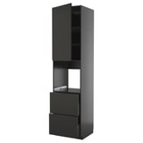 A black METOD kitchen cabinet with a modern design. It a high cabinet with a door, shelves, and two drawers, made of particle board and plastic foil.