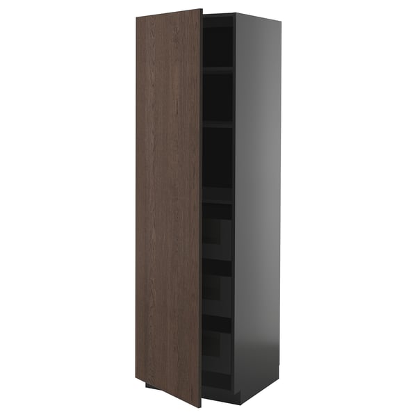 An opened tall cabinet from the ikea METOD kitchen system, showcasing its dark brown sinarp wooden front and multiple shelves for storage.