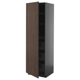 An opened tall cabinet from the ikea METOD kitchen system, showcasing its dark brown sinarp wooden front and multiple shelves for storage.
